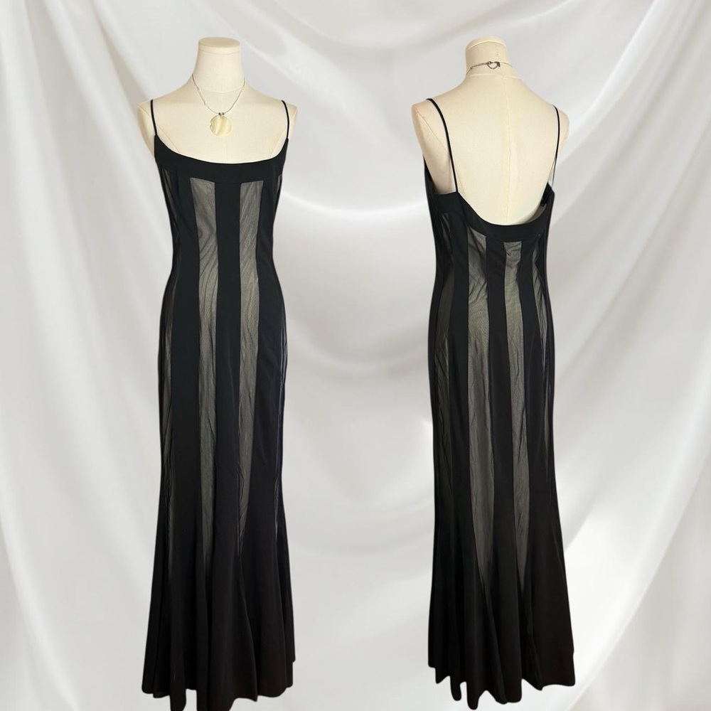 Elegant Black Sheer Striped Maxi Dress